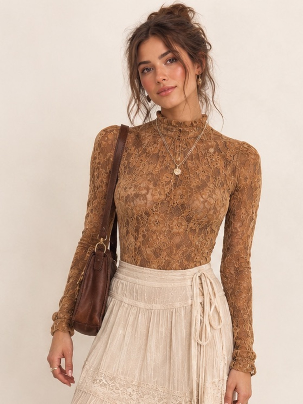 Wayf Camel Lace Long-Sleeve Modern Boho Bodysuit High Neck Puff Sleeves Medium